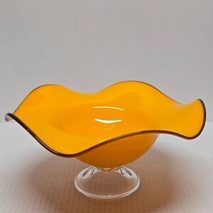 Vintage Teleflora Orange Handblown Art Glass  Ruffle Wave Footed Fruit Bowl